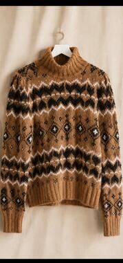 Veronica Beard Fair Isle Turtleneck Sweater Camel Black Beaded Wool Blend Size L